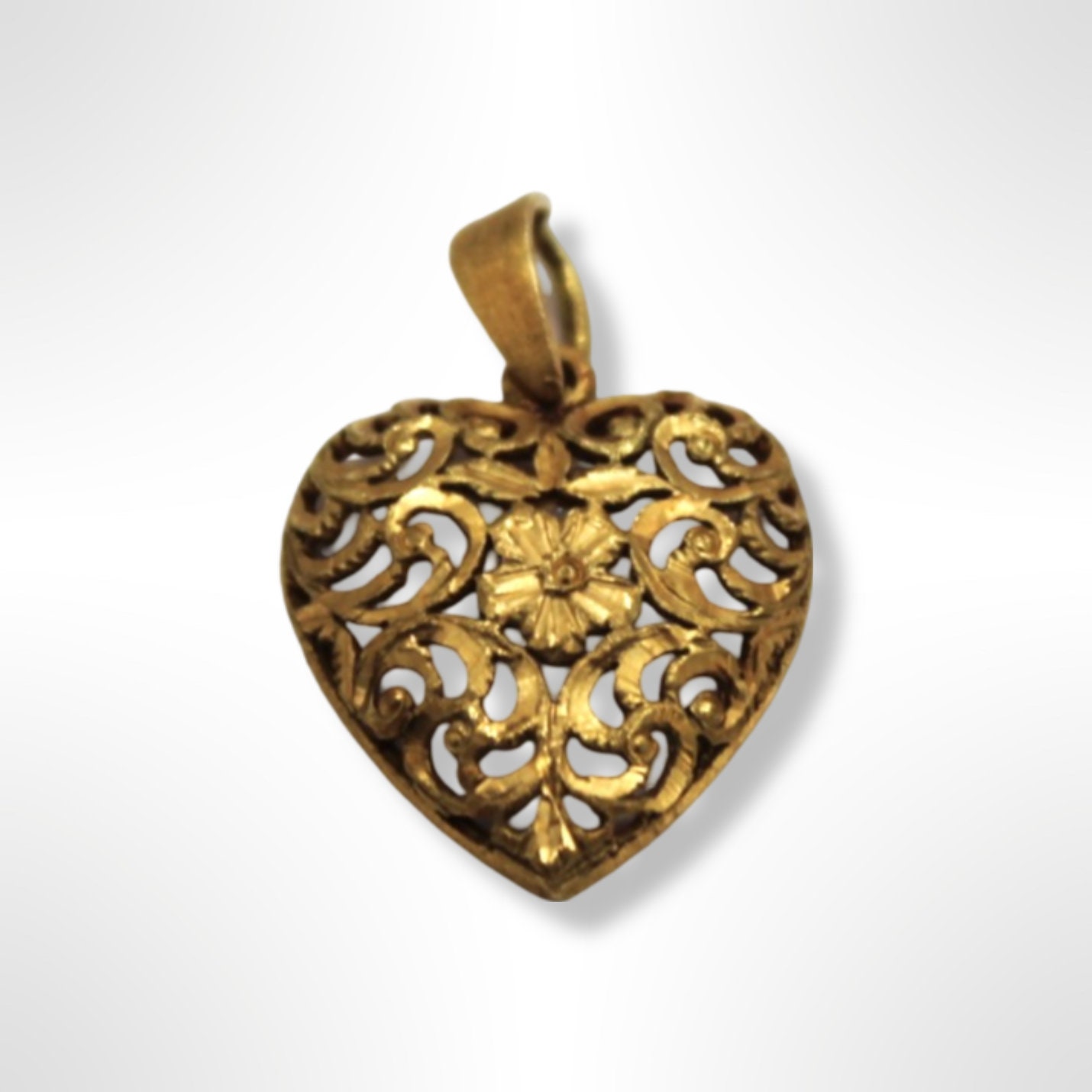 14k Yellow Gold Puffed Filigree Heart Charm Pendant - Handcrafted Textured Design