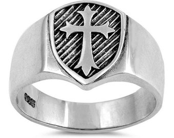 925 Solid Sterling Silver Medieval Shield Cross Band Ring Sizes 5-12