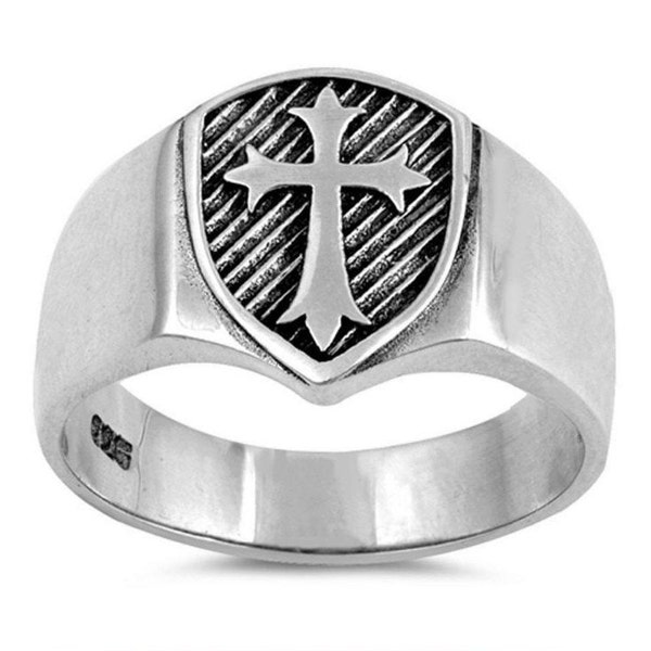 925 Solid Sterling Silver Medieval Shield Cross Band Ring Sizes 5-12