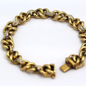 18k Yellow Gold Vintage Diamond Adorned Chunk Link Bracelet 8 Inches 52.1 Grams