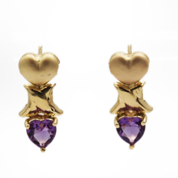 14K Gold Amethyst Heart Earrings - image 1