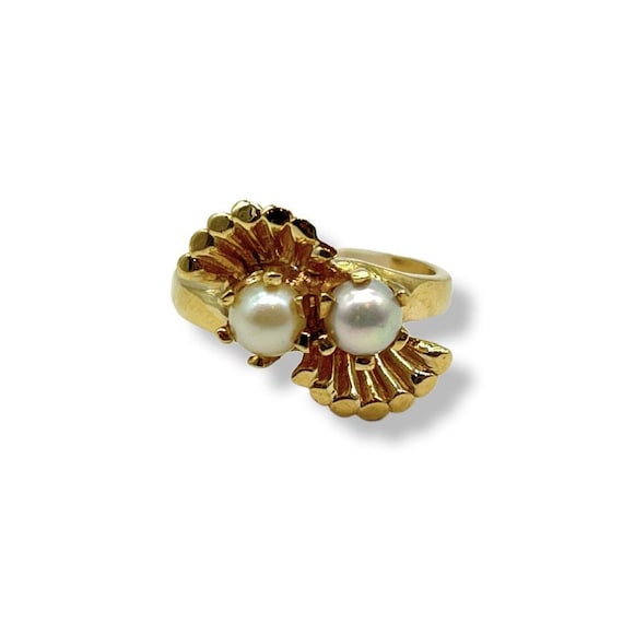 14k Gold Vintage Double Pearl Statement Ring Size 7 Gem
