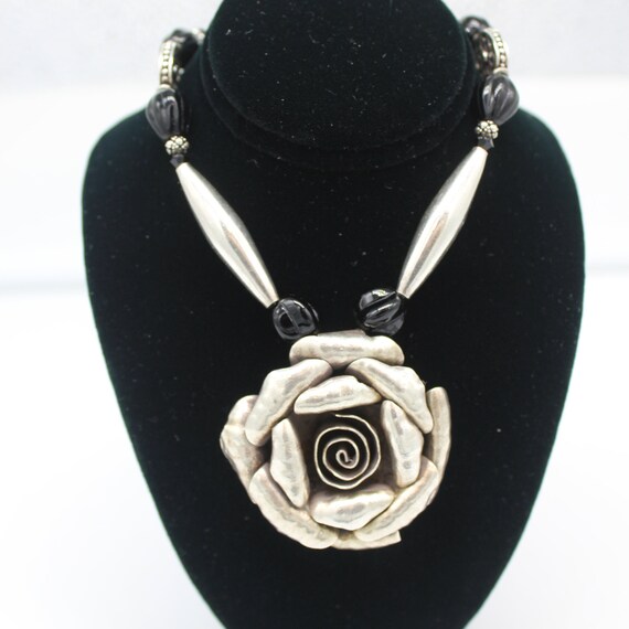 925 Sterling Silver Rose Pendant Beaded Necklace … - image 1