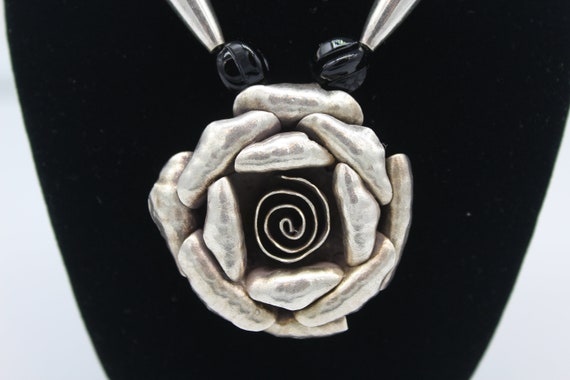 925 Sterling Silver Rose Pendant Beaded Necklace … - image 2