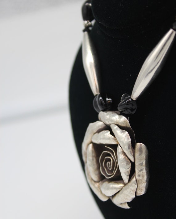 925 Sterling Silver Rose Pendant Beaded Necklace … - image 3