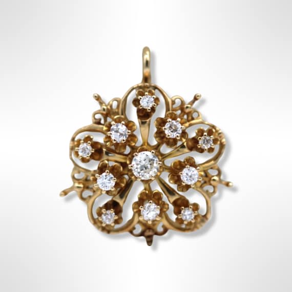 Antique Victorian 14K Gold Diamond Flower Pendant - image 1