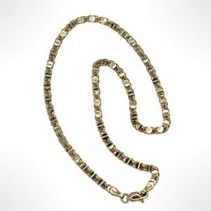 May include: A gold chain necklace with a box clasp. The chain is made of small, round links.
