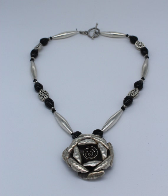 925 Sterling Silver Rose Pendant Beaded Necklace … - image 4