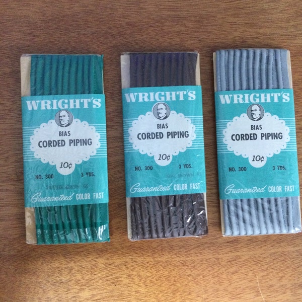 Wright's Bias Corded Piping No. 300 3 Yds. each  Colors are Hunter Green, Seal Brown, and Gray