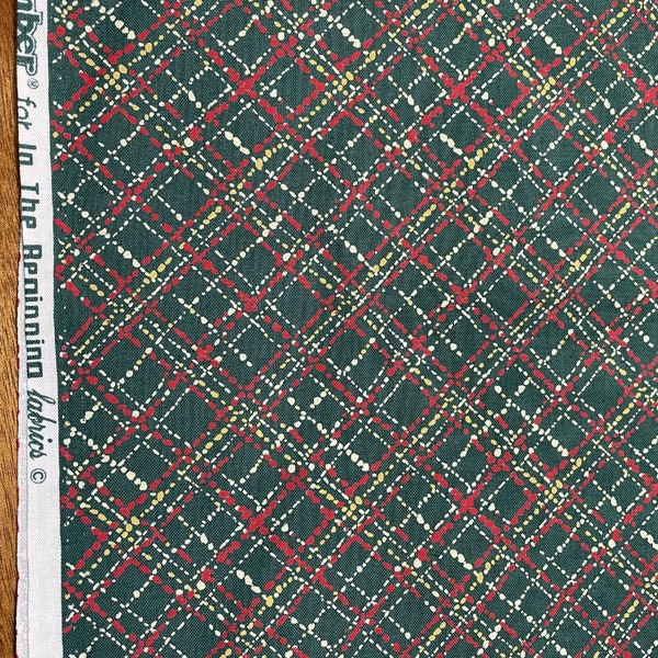 Rare Christmas Kitty Cucumber, tan and red plaid on green background  by "In the beginning fabrics". *1 Yard*