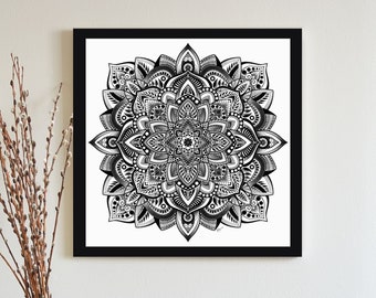 Black and White Mandala Wall Art, Spiritual Zen Decor, Floral and Bohemian Wall Art, Modern Home Decor, Yoga Room Decor or Mindfulness Gift