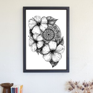Hibiscus Tropical Wall Art, Mandala Wall Decor, Floral and Bohemian Zen Decor, Tropical Wall Art,  Office Decor or Mindfulness Gift