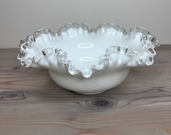 Vintage Fenton Silver Crest style White Milk Glass Ruffled Crimped Rim Bowl