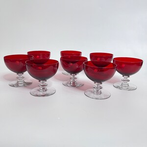 Set of 6 short stem Ruby Red glass goblets with clear stem