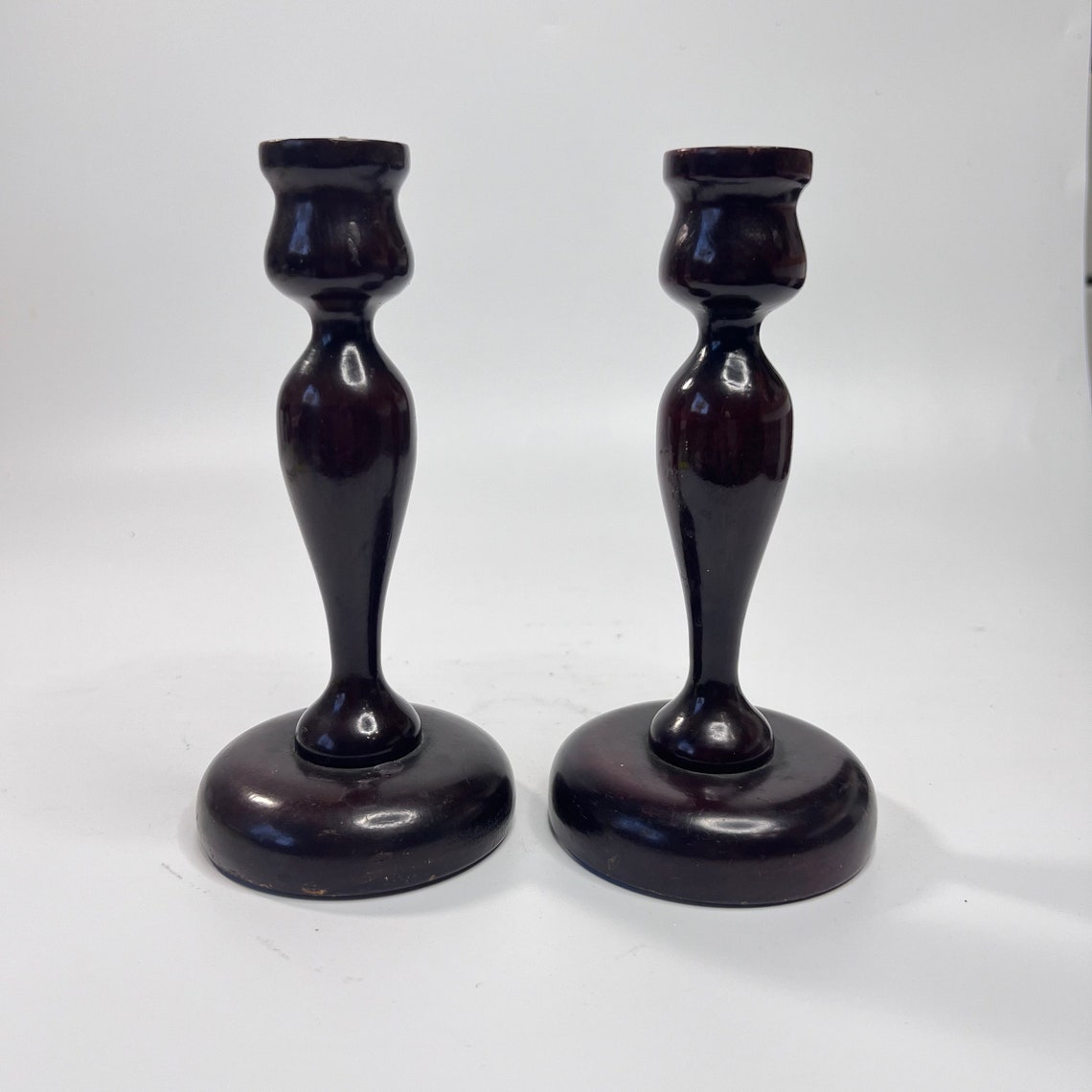 Set of 2 Dark Wood Candlestick Holders - Etsy
