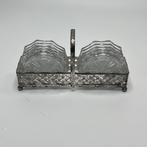 Set of 10 vintage glass coaster in a metal weave design metal caddy - made from n France