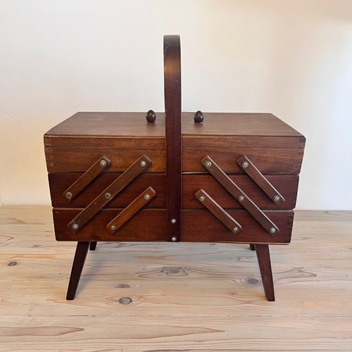 Vintage Accordian Fold Out Sewing Box on Angled Legs MCM Etsy