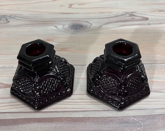 Vintage Avon Cape Cod Ruby Red glass short candlestick holders
