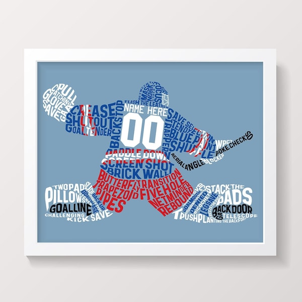 Hockey Goalie Word Art Print, Customize With Name & Number And In Any Color Scheme, Typographic Netminder Wall Art, Multiple Size Choices