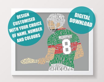 Hurling Word Art Printable, Customized With Name, Number & In Any Colors, Iomáint, Gaelic Games, GAA Digital Download, 24 Hour Turnaround