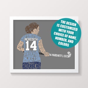 Field Hockey Player Word Art Print, Customized With Name & Number And In Any Color Scheme, Personalized Typographic Field Hockey Wall Decor
