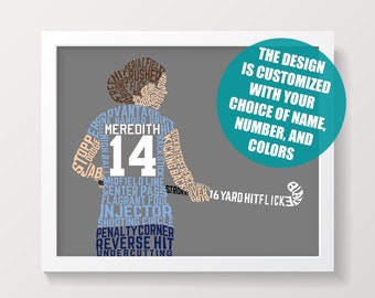 Personalized Field Hockey Player Word Art Print: Custom Name, Number, Colors