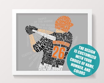 Personalized Baseball Word Art Print: Custom Name, Number And Colors