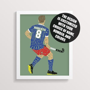 Men’s Field Hockey Word Art Print, Customize With Name & Number And In Any Colors, Typographic Hockey Player Wall Art, Many Sizes Available