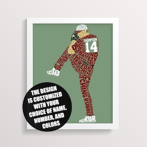 Baseball Baseball Wort Kunstdruck, passen Sie mit Name und Zahl und in jedem Farbschema, personalisiertes typografisches Wand-Kunst-Geschenk für Werfer an