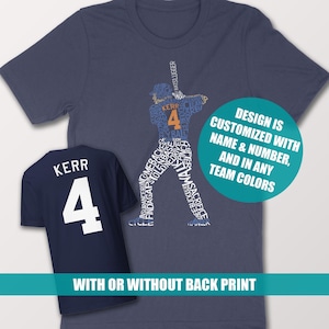Camiseta con diseño de jugador de béisbol, personalizable con nombre y número, en cualquier combinación de colores, disponible en tallas para adultos y jóvenes, desde XS hasta 5XL