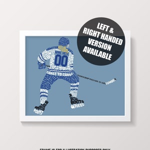 female hockey player word art print, customize name and number and colors.