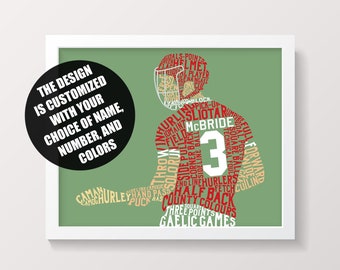 Hurling GAA Word Art Print: Customized In Any Colors, With Name & Number