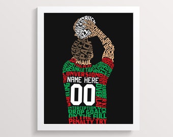 Rugby Player Word Art Print, Customise With Name & Number And In Any Colours, Typographic Rugby Wall Art Available In Multiple Sizes