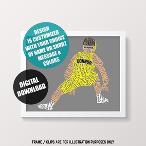 Wrestling Word Art imprimible, descarga digital hecha a pedido, luchador se puede personalizar con cualquier nombre y colores de equipo, entrega de 24 horas