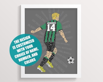 Gepersonaliseerde WordArt-print voor voetballer: aangepaste kleuren, naam en nummer