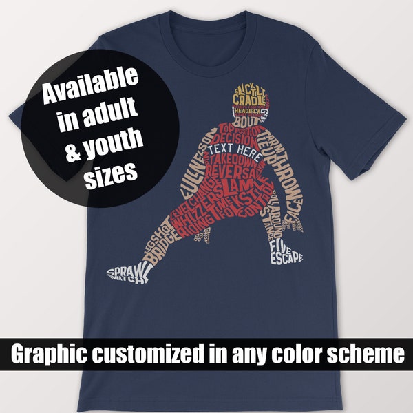 Wrestling Word Art T-Shirt, Customize With Any Name And Any Team Colors, Personalized Shirt Available In Adult & Youth Sizes, XS to 5XL