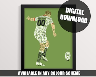 Rugby Word Art Printable, Customised With Name & Number And In Any Color Scheme, Typographic Digital Download, 24 Hour Turnaround Time