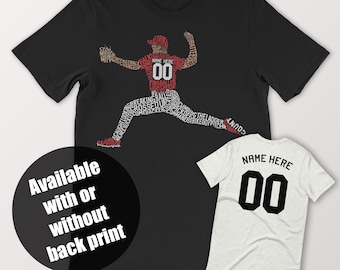 Baseball Pitcher Word Art T-Shirt, Customize Design With Name & Number And In Any Colors, Shirsey In Adult And Youth Sizes, XS to 5XL