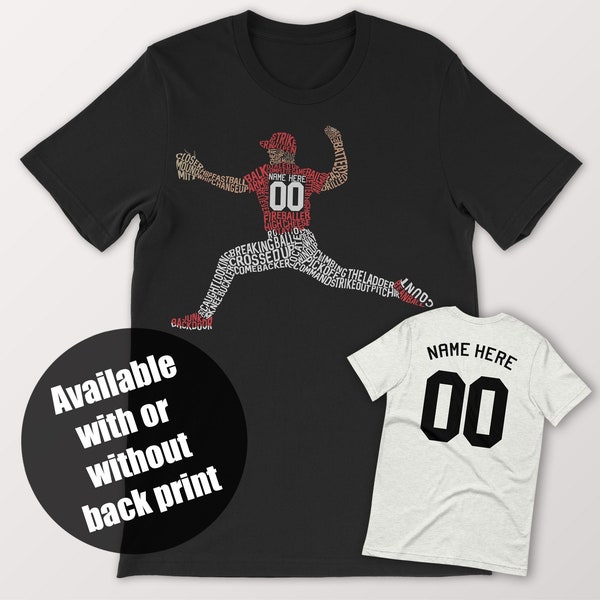 Baseball Pitcher Word Art T-Shirt, Customize Design With Name & Number And In Any Colors, Shirsey In Adult And Youth Sizes, XS to 5XL