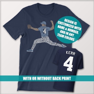 Baseball Pitcher Word Art T-Shirt: Design Customized with Name & Number, In Any Colors