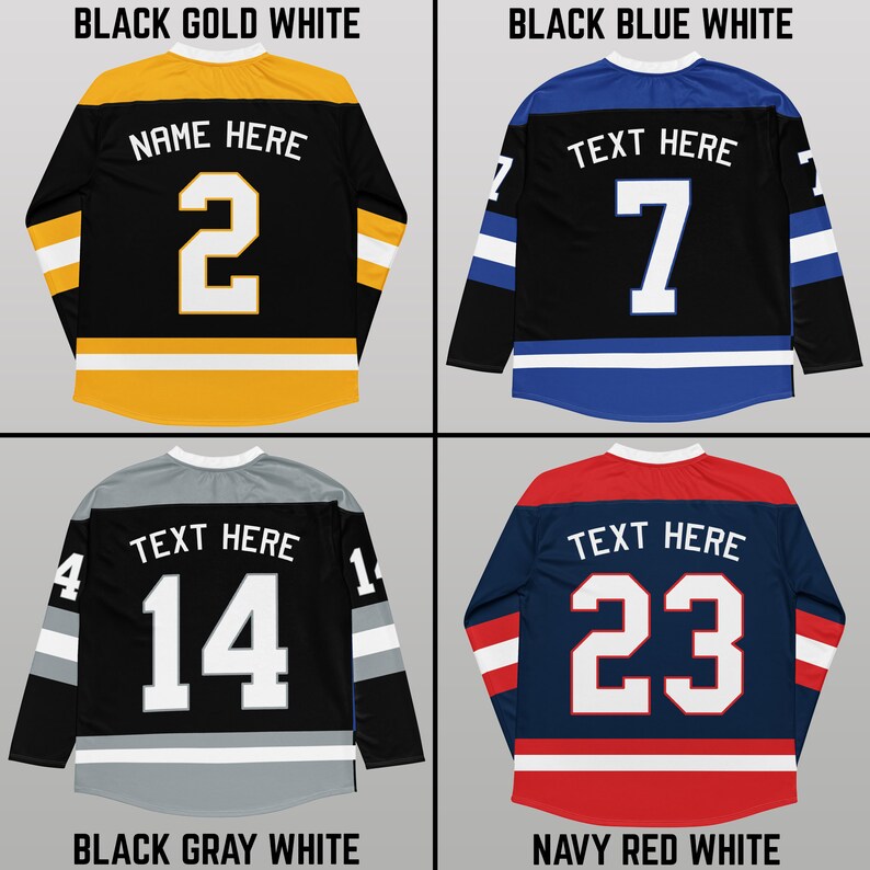 May include: Four hockey jerseys with different color combinations. The jerseys are black with white and colored stripes. The jerseys have numbers and text on the back. The text on the jerseys says "Name Here" and "Text Here".