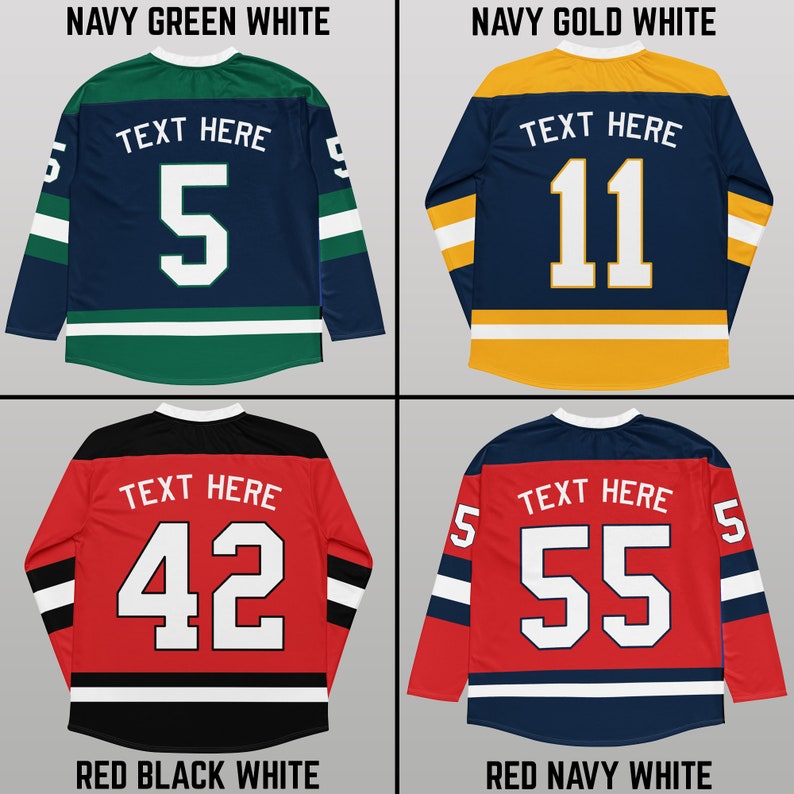 May include: Four hockey jerseys with different color combinations. The jerseys are navy blue, green, white, gold, red, and black. Each jersey has a number on the back, with the text "TEXT HERE" above the number. The numbers are 5, 11, 42, and 55.