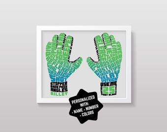 Soccer Goalie Gloves Word Art Print, Customized In Any Colors, With Name & Number