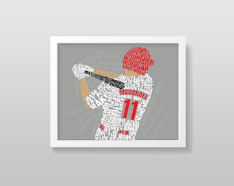 May include: A framed wall art print featuring a baseball player silhouette composed of various baseball-themed words and phrases in red, white, and black. The player wears a jersey with the number 11, set against a solid gray background.