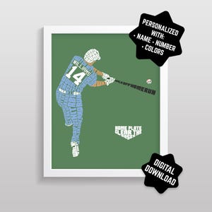 May include: A framed digital print featuring a baseball player in a batting stance, rendered in light blue text on a green background. The player's uniform displays the number 14 and the name "WILLIAMS". Text includes "WALK OFF HOMERUN" and "HOME PLATE CLEAR THE BASES".