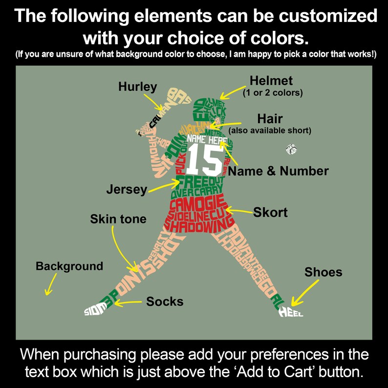 May include: A customizable illustration of a female athlete playing field hockey. The image shows the different elements that can be customized with color, including the helmet, hair, jersey, skort, socks, shoes, and background. The text "Name Here" and the number "15" are also customizable.