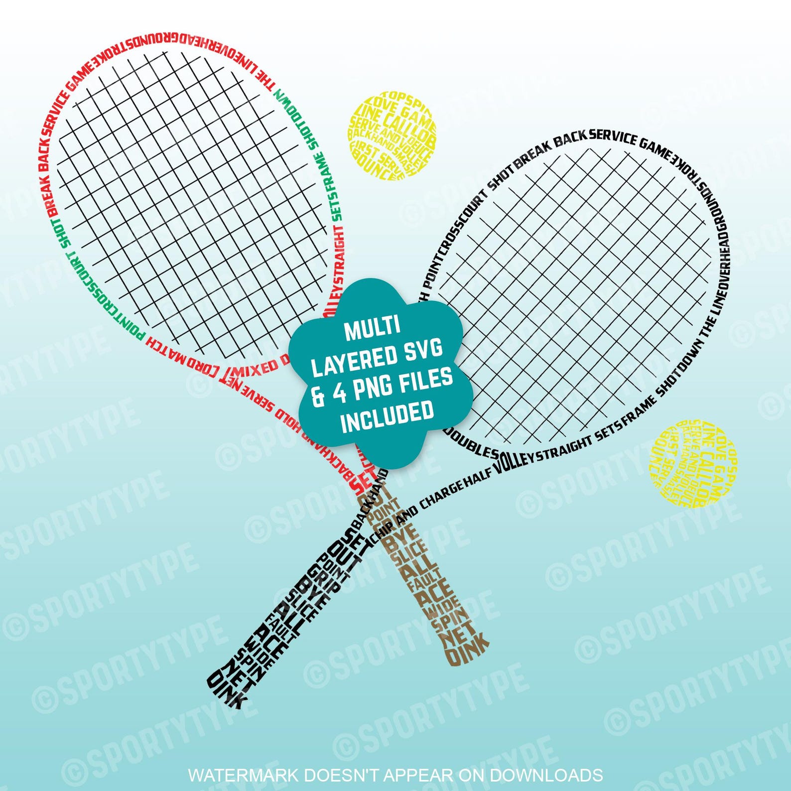 Lettering On Racket Word Tennis Racket & Ball Word Art – SVG, JPG and PNG Files, Instant Digital ...