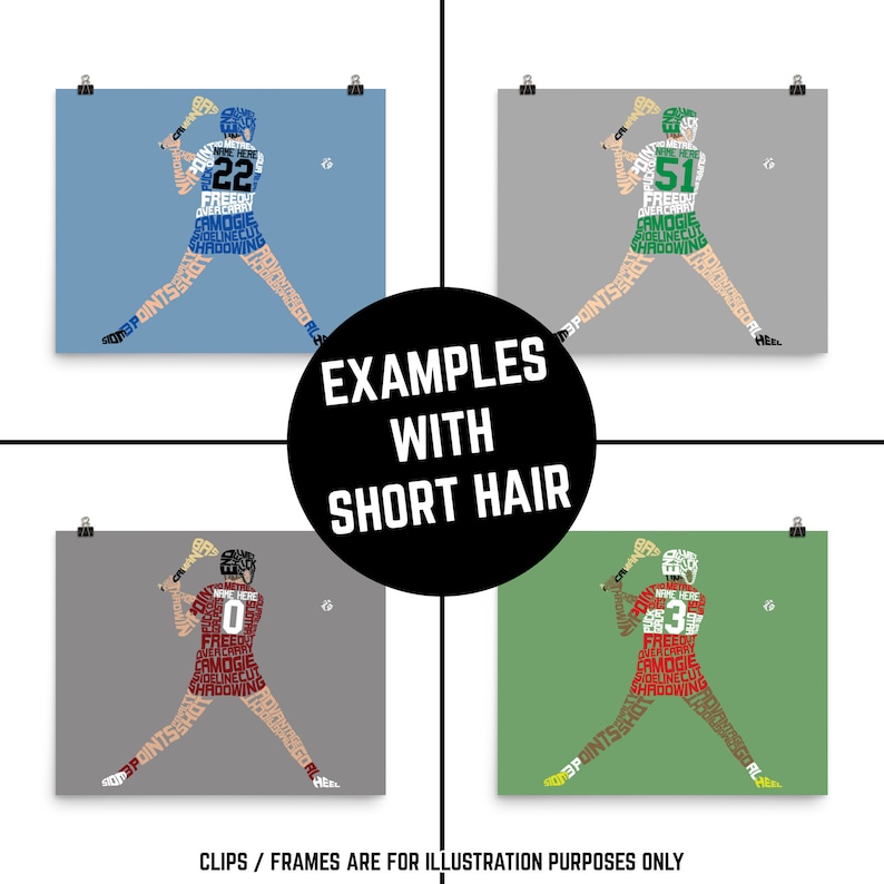 May include: Four different color variations of a word art illustration of a camogie player. The player is depicted in a dynamic pose, holding a hurley and a sliotar. The player's silhouette is formed by words related to the sport of camogie, such as "points", "free", "hurley", "camogie", and "sliotar".