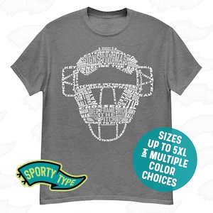 Baseball Catcher&#39;s Mask Word Art T-Shirt, Adult Unisex Tee, Typographic Softball Catcher Helmet Design, Sizes Up to 5XL
