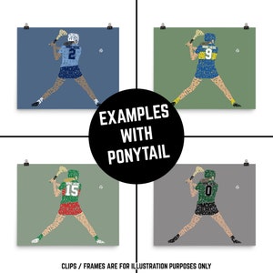 May include: Four different color variations of a digital illustration of a woman playing camogie. The woman is wearing a jersey with a number on the back. The illustration is made up of words related to the sport of camogie.
